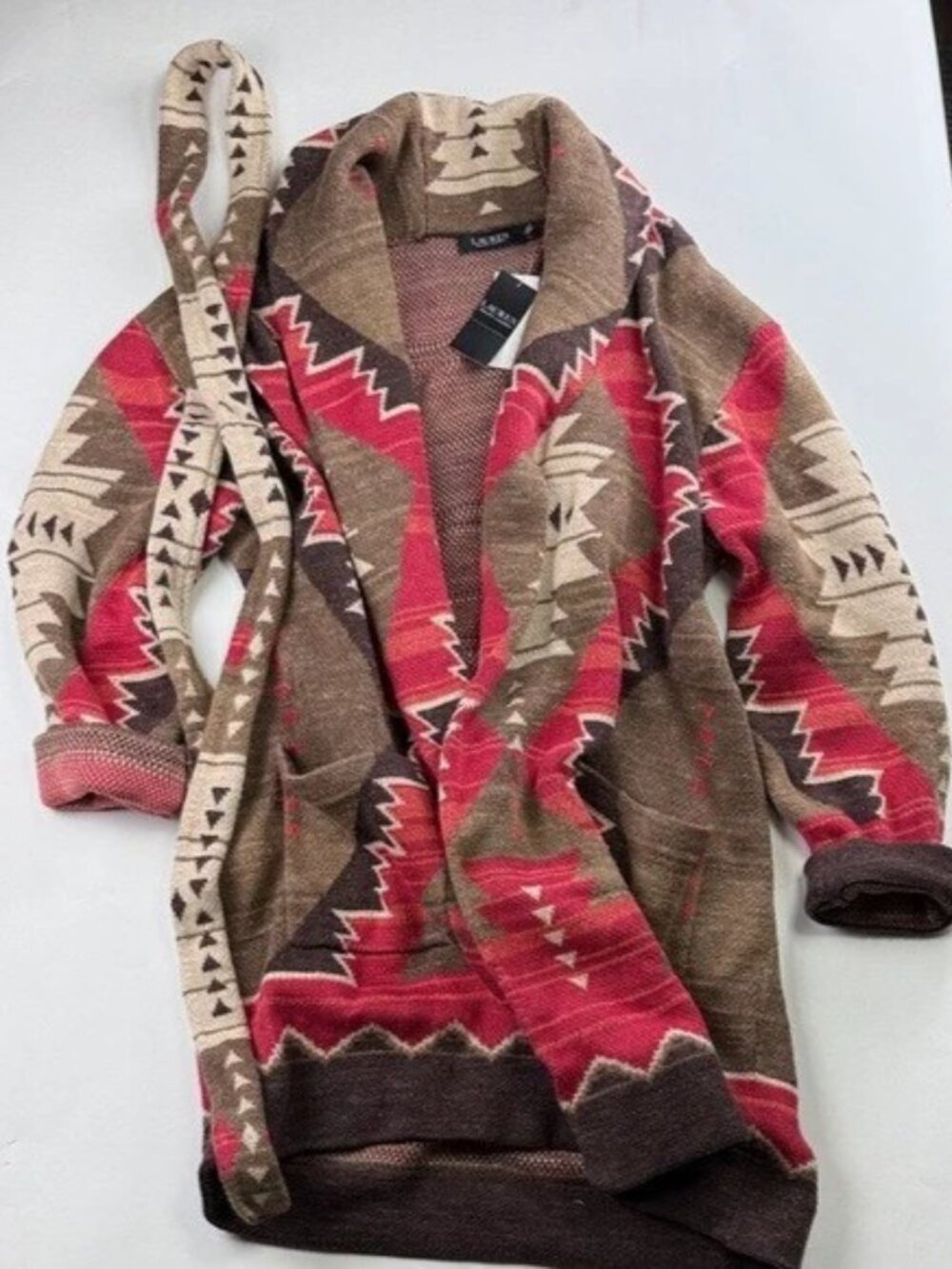 Ralph Lauren Women’s XXL Hand Knit Tribal Shawl Cardigan Sweater NWT Belted